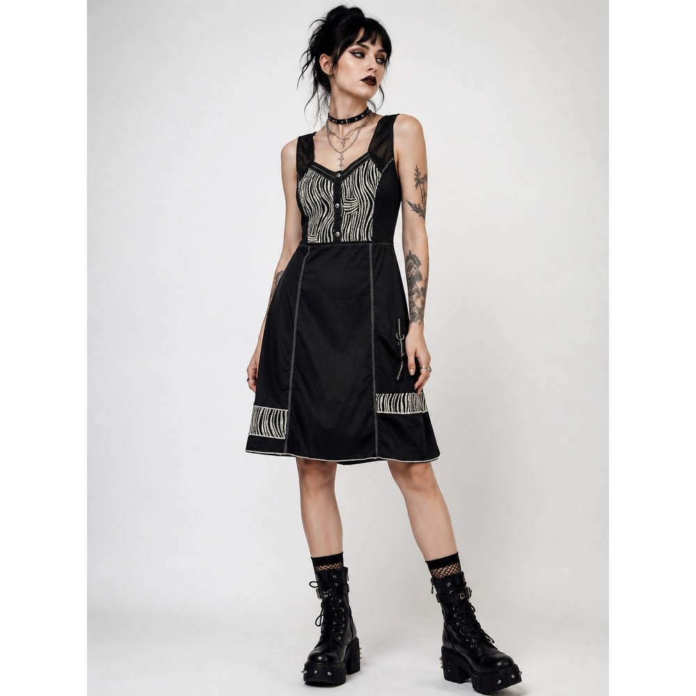 Alison Sheri Dress Medium Black White Wave Print Mesh Panel Goth Rockabilly
